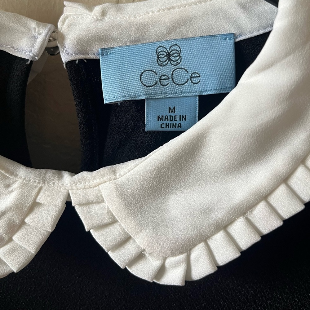 CeCe Women’s Black Long Sleeve Top White Peter Pan Collar Contrast Cuffs Size M - Picture 2 of 7